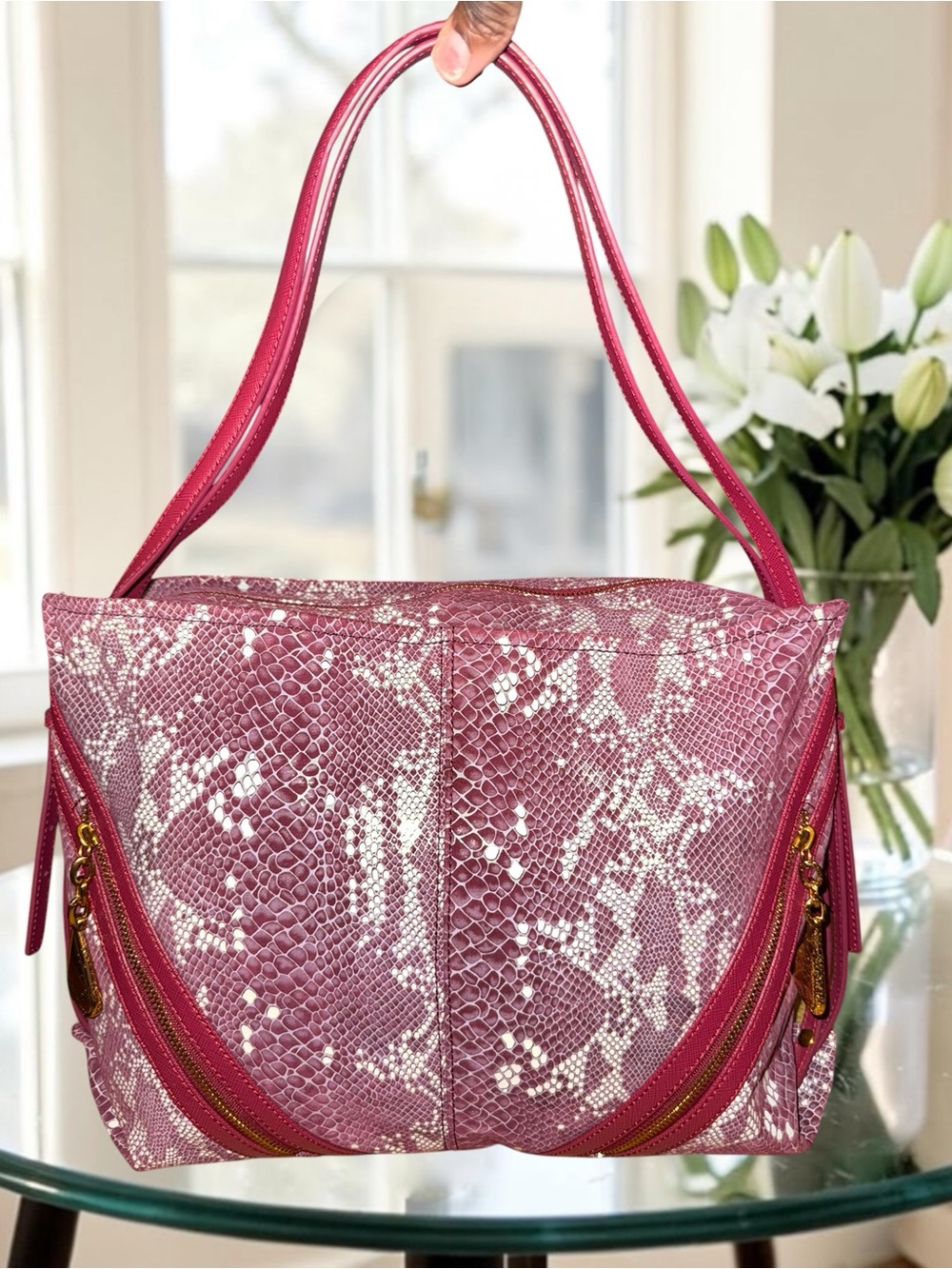 Sharif Anaconda Tears Brick Pink Snakeskin Printed Leather Slouchy Tote Satchel